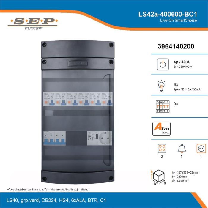 SEP Live-On SmartChoise, LS42a-400600-BC1, 40A, 3-fase groepenkast, 6-lichtgroepen, 1-beltrafo,  1V-contactdoos, technische details
