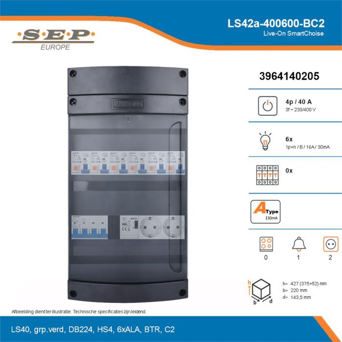 SEP Live-On SmartChoise, LS42a-400600-BC2, 40A, 3-fase groepenkast, 6-lichtgroepen, 1-beltrafo,  2V-contactdoos, technische details