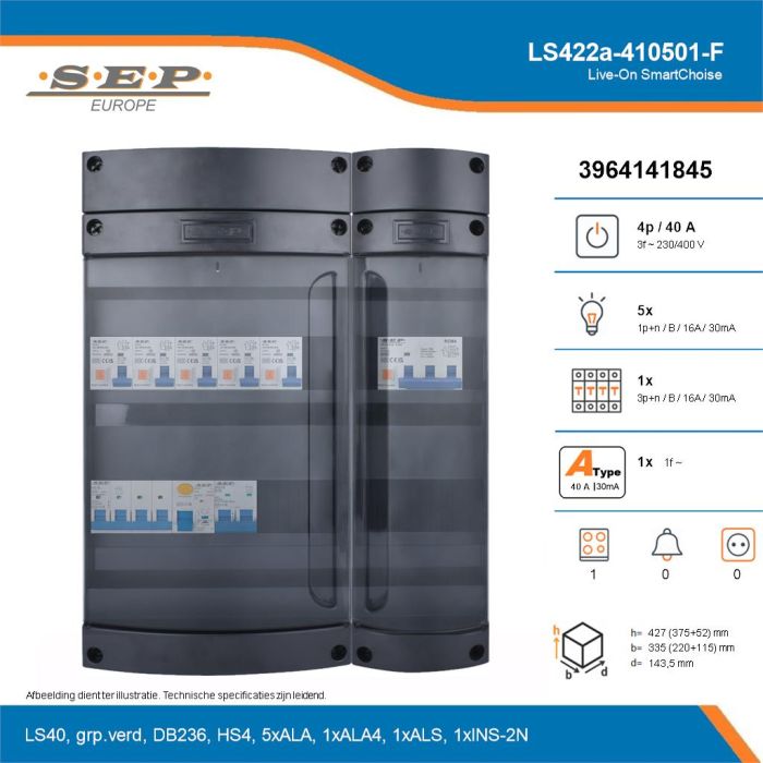 SEP Live-On SmartChoise, LS422a-410501-F, 40A, 3-fase groepenkast, 5-lichtgroepen, 1-krachtgroepen, 1-fornuisgroep, technische details