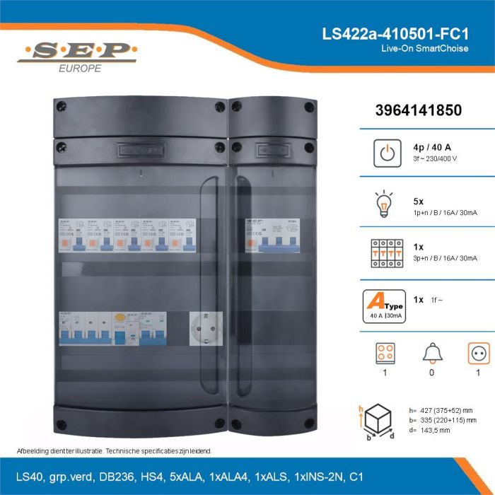 SEP Live-On SmartChoise, LS422a-410501-FC1, 40A, 3-fase groepenkast, 5-lichtgroepen, 1-krachtgroepen, 1-fornuisgroep,  1V-contactdoos, technische details