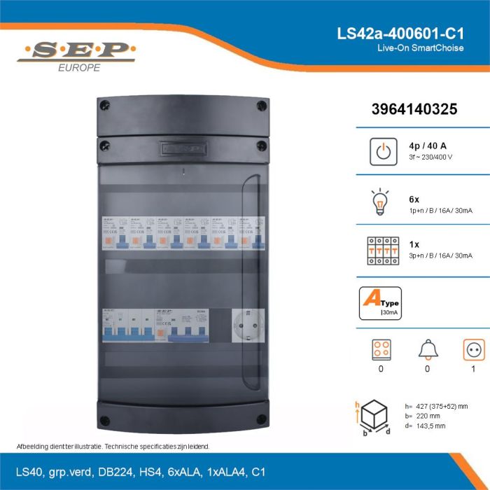 SEP Live-On SmartChoise, LS42a-400601-C1, 40A, 3-fase groepenkast, 6-lichtgroepen, 1-krachtgroepen,  1V-contactdoos, technische details