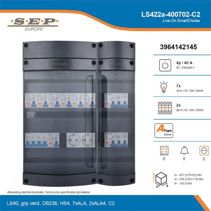 SEP Live-On SmartChoise, LS422a-400702-C2, 40A, 3-fase groepenkast, 7-lichtgroepen, 2-krachtgroepen,  2V-contactdoos, technische details