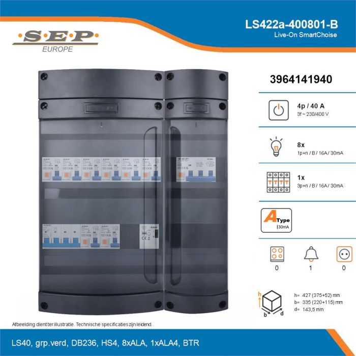 SEP Live-On SmartChoise, LS422a-400801-B, 40A, 3-fase groepenkast, 8-lichtgroepen, 1-krachtgroepen, 1-beltrafo, technische details