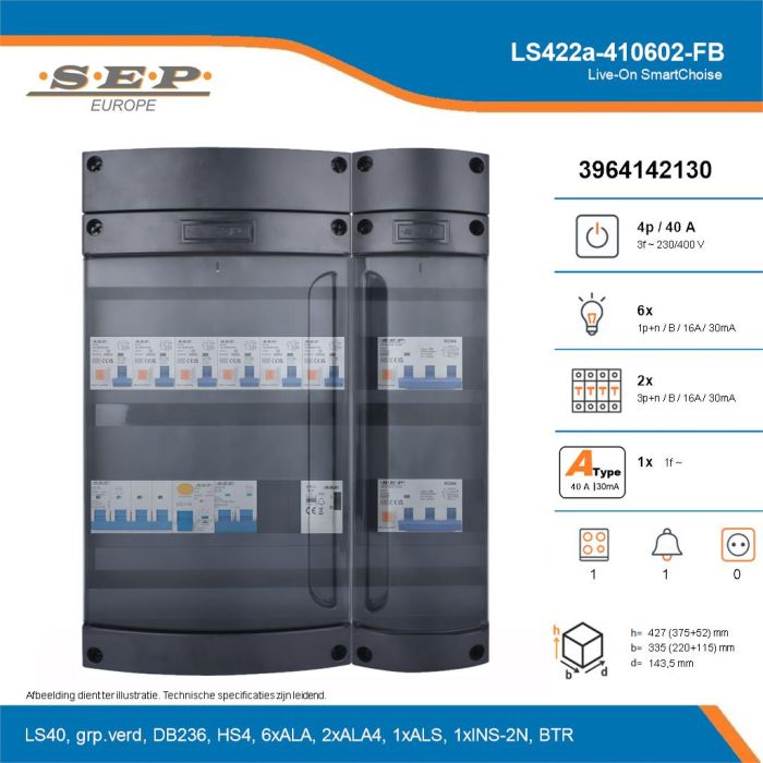 SEP Live-On SmartChoise, LS422a-410602-FB, 40A, 3-fase groepenkast, 6-lichtgroepen, 2-krachtgroepen, 1-fornuisgroep, 1-beltrafo, technische details