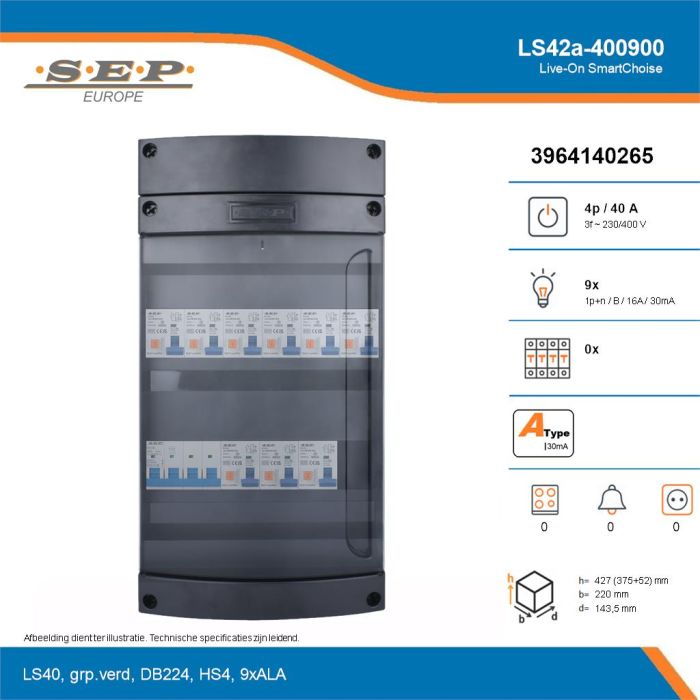 SEP Live-On SmartChoise, LS42a-400900, 40A, 3-fase groepenkast, 9-lichtgroepen, technische details