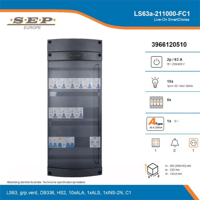 SEP Live-On SmartChoise, LS63a-211000-FC1, 63A, 3-fase groepenkast, 10-lichtgroepen, 1-fornuisgroep,  1V-contactdoos, technische details