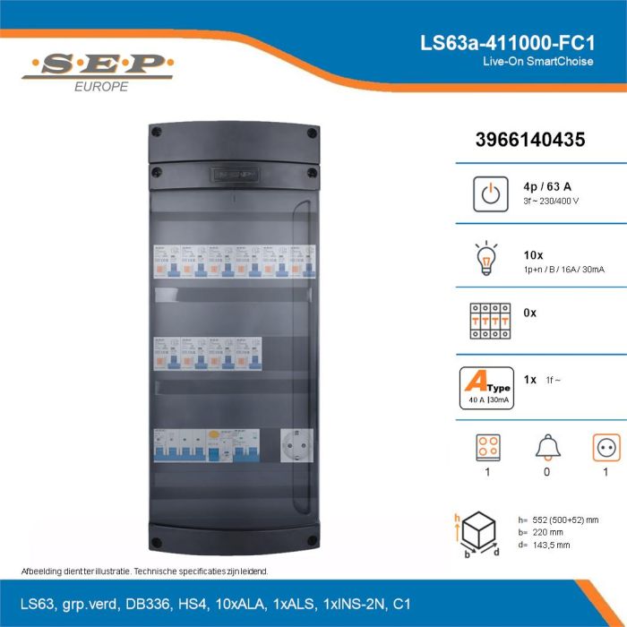 SEP Live-On SmartChoise, LS63a-411000-FC1, 63A, 3-fase groepenkast, 10-lichtgroepen, 1-fornuisgroep,  1V-contactdoos, technische details