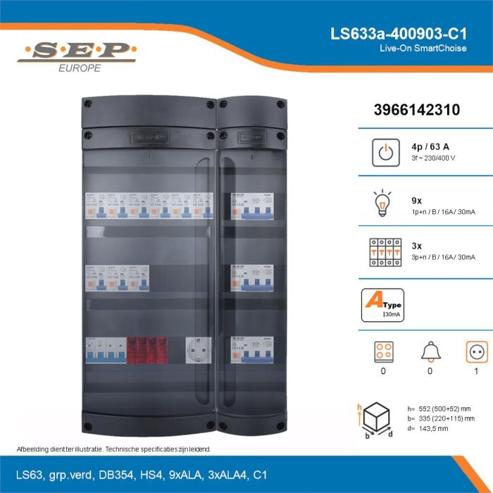 SEP Live-On SmartChoise, LS633a-400903-C1, 63A, 3-fase groepenkast, 9-lichtgroepen, 3-krachtgroepen,  1V-contactdoos, technische details