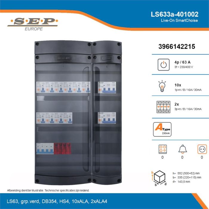 SEP Live-On SmartChoise, LS633a-401002, 63A, 3-fase groepenkast, 10-lichtgroepen, 2-krachtgroepen, technische details