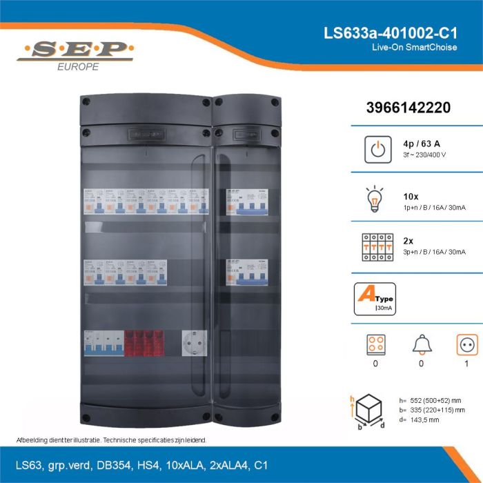 SEP Live-On SmartChoise, LS633a-401002-C1, 63A, 3-fase groepenkast, 10-lichtgroepen, 2-krachtgroepen,  1V-contactdoos, technische details