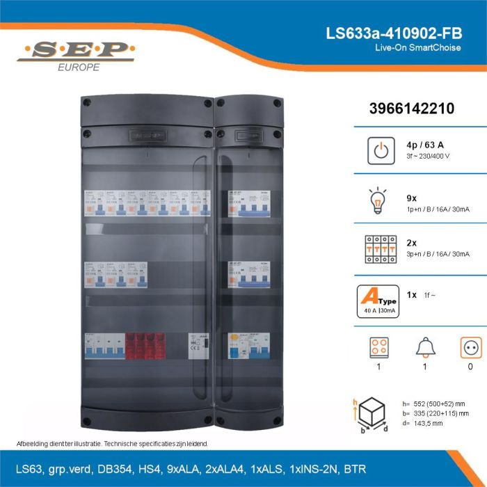 SEP Live-On SmartChoise, LS633a-410902-FB, 63A, 3-fase groepenkast, 9-lichtgroepen, 2-krachtgroepen, 1-fornuisgroep, 1-beltrafo, technische details