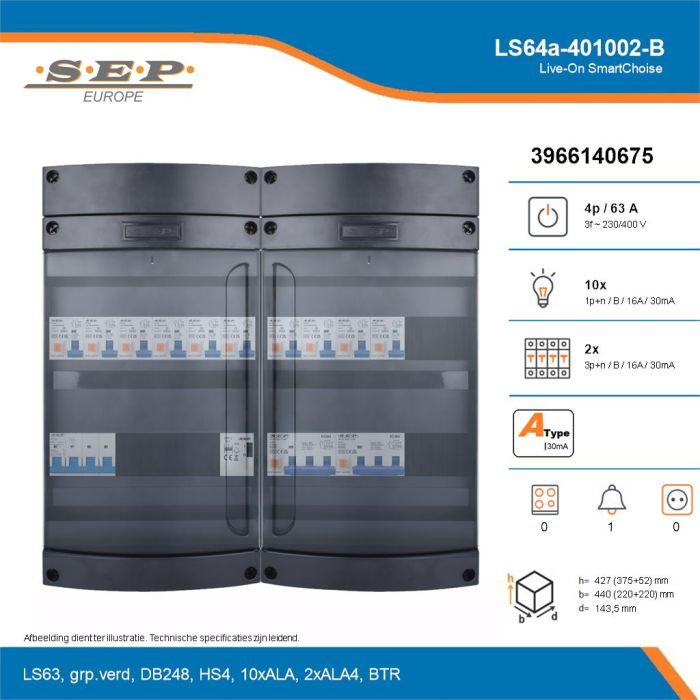 SEP Live-On SmartChoise, LS64a-401002-B, 63A, 3-fase groepenkast, 10-lichtgroepen, 2-krachtgroepen, 1-beltrafo, technische details