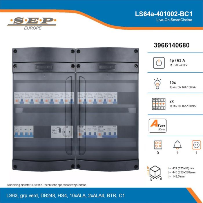 SEP Live-On SmartChoise, LS64a-401002-BC1, 63A, 3-fase groepenkast, 10-lichtgroepen, 2-krachtgroepen, 1-beltrafo,  1V-contactdoos, technische details