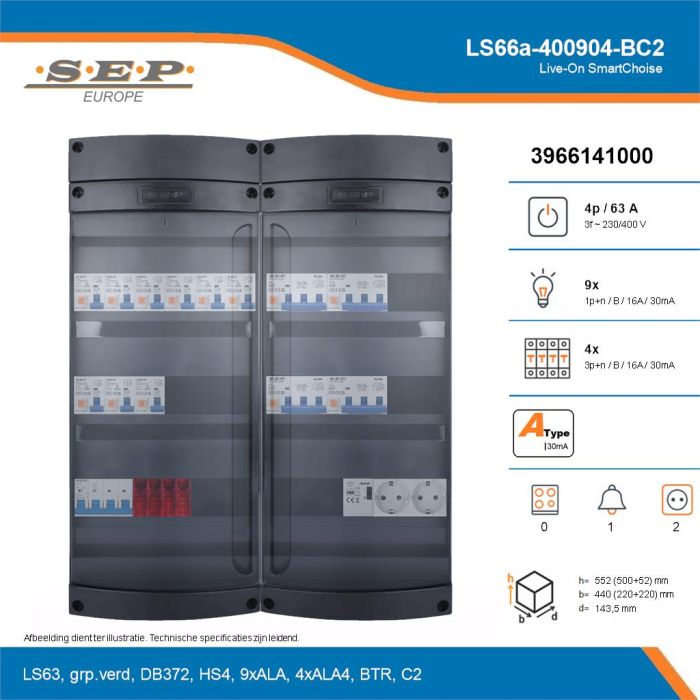 SEP Live-On SmartChoise, LS66a-400904-BC2, 63A, 3-fase groepenkast, 9-lichtgroepen, 4-krachtgroepen, 1-beltrafo,  2V-contactdoos, technische details