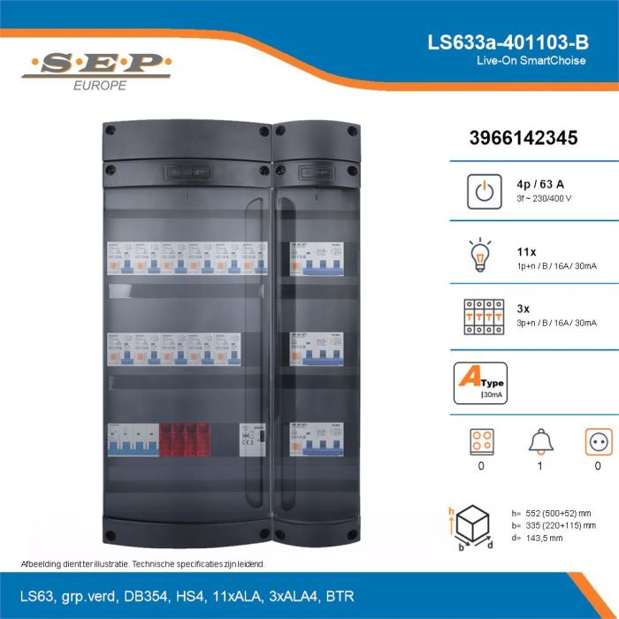 SEP Live-On SmartChoise, LS633a-401103-B, 63A, 3-fase groepenkast, 11-lichtgroepen, 3-krachtgroepen, 1-beltrafo, technische details