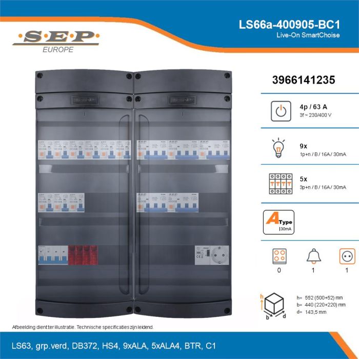SEP Live-On SmartChoise, LS66a-400905-BC1, 63A, 3-fase groepenkast, 9-lichtgroepen, 5-krachtgroepen, 1-beltrafo,  1V-contactdoos, technische details