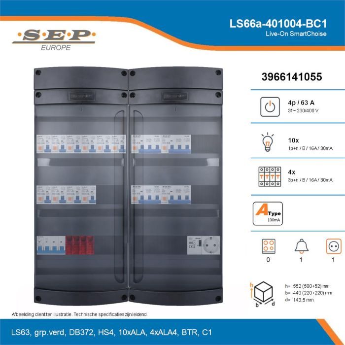 SEP Live-On SmartChoise, LS66a-401004-BC1, 63A, 3-fase groepenkast, 10-lichtgroepen, 4-krachtgroepen, 1-beltrafo,  1V-contactdoos, technische details