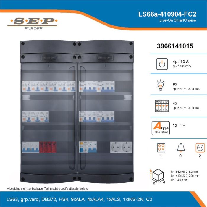 SEP Live-On SmartChoise, LS66a-410904-FC2, 63A, 3-fase groepenkast, 9-lichtgroepen, 4-krachtgroepen, 1-fornuisgroep,  2V-contactdoos, technische details
