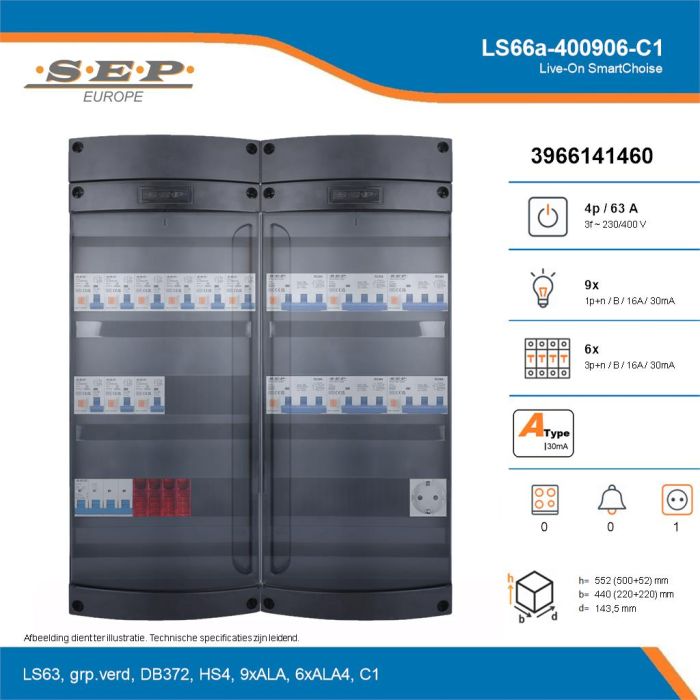 SEP Live-On SmartChoise, LS66a-400906-C1, 63A, 3-fase groepenkast, 9-lichtgroepen, 6-krachtgroepen,  1V-contactdoos, technische details