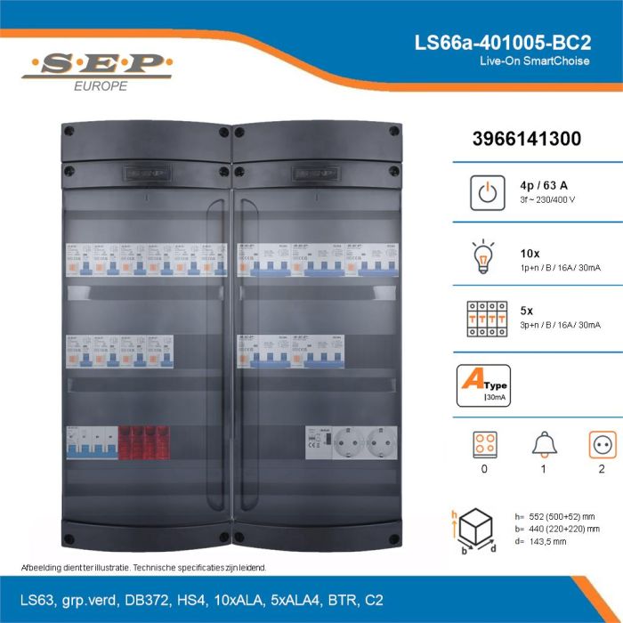 SEP Live-On SmartChoise, LS66a-401005-BC2, 63A, 3-fase groepenkast, 10-lichtgroepen, 5-krachtgroepen, 1-beltrafo,  2V-contactdoos, technische details