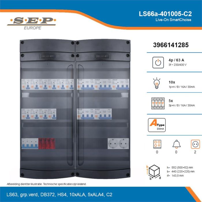 SEP Live-On SmartChoise, LS66a-401005-C2, 63A, 3-fase groepenkast, 10-lichtgroepen, 5-krachtgroepen,  2V-contactdoos, technische details