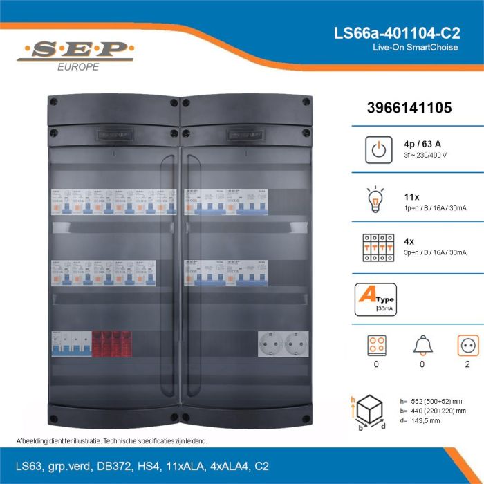SEP Live-On SmartChoise, LS66a-401104-C2, 63A, 3-fase groepenkast, 11-lichtgroepen, 4-krachtgroepen,  2V-contactdoos, technische details