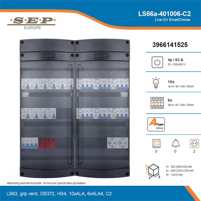 SEP Live-On SmartChoise, LS66a-401006-C2, 63A, 3-fase groepenkast, 10-lichtgroepen, 6-krachtgroepen,  2V-contactdoos, technische details