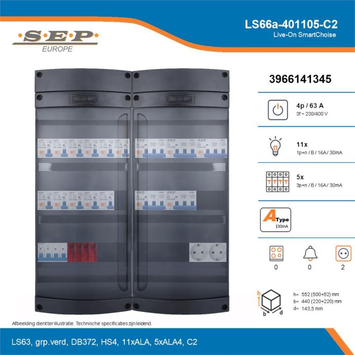SEP Live-On SmartChoise, LS66a-401105-C2, 63A, 3-fase groepenkast, 11-lichtgroepen, 5-krachtgroepen,  2V-contactdoos, technische details