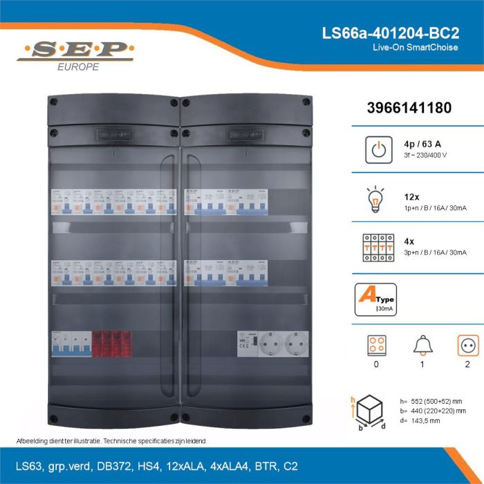 SEP Live-On SmartChoise, LS66a-401204-BC2, 63A, 3-fase groepenkast, 12-lichtgroepen, 4-krachtgroepen, 1-beltrafo,  2V-contactdoos, technische details
