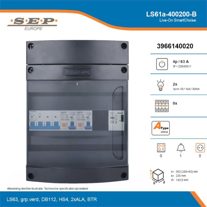 SEP Live-On SmartChoise, LS61a-400200-B, 63A, 3-fase groepenkast, 2-lichtgroepen, 1-beltrafo, technische details