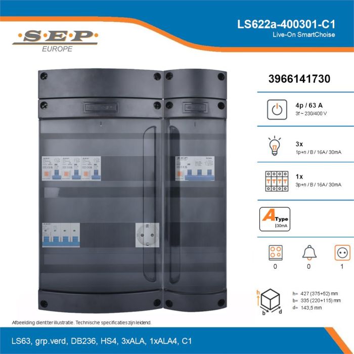 SEP Live-On SmartChoise, LS622a-400301-C1, 63A, 3-fase groepenkast, 3-lichtgroepen, 1-krachtgroepen,  1V-contactdoos, technische details