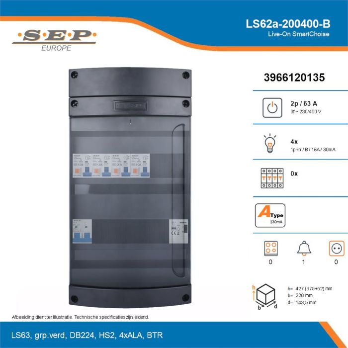 SEP Live-On SmartChoise, LS62a-200400-B, 63A, 3-fase groepenkast, 4-lichtgroepen, 1-beltrafo, technische details