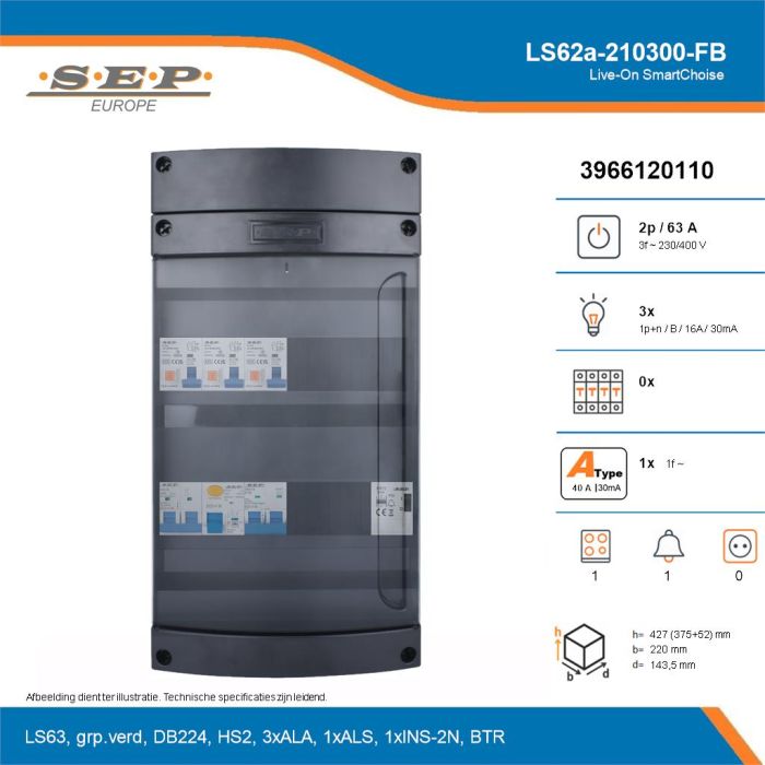 SEP Live-On SmartChoise, LS62a-210300-FB, 63A, 3-fase groepenkast, 3-lichtgroepen, 1-fornuisgroep, 1-beltrafo, technische details