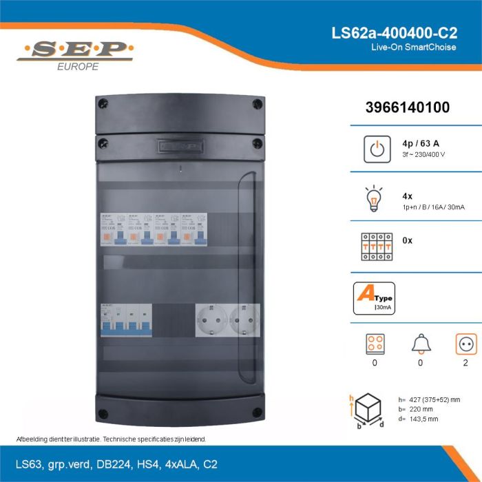 SEP Live-On SmartChoise, LS62a-400400-C2, 63A, 3-fase groepenkast, 4-lichtgroepen,  2V-contactdoos, technische details