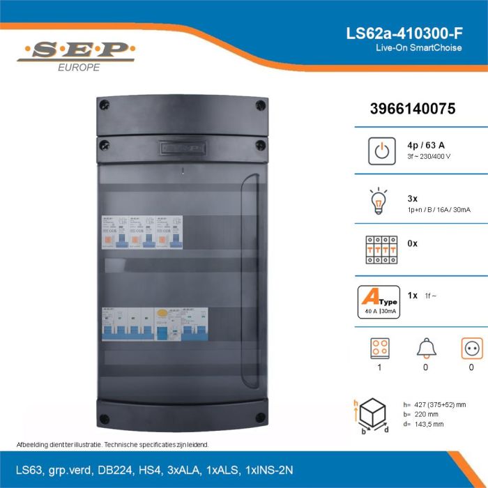 SEP Live-On SmartChoise, LS62a-410300-F, 63A, 3-fase groepenkast, 3-lichtgroepen, 1-fornuisgroep, technische details