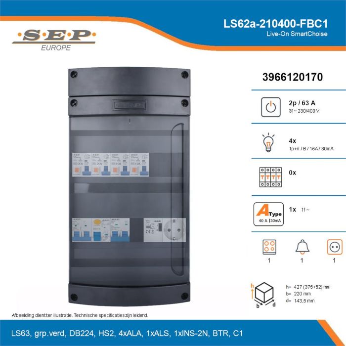 SEP Live-On SmartChoise, LS62a-210400-FBC1, 63A, 3-fase groepenkast, 4-lichtgroepen, 1-fornuisgroep, 1-beltrafo,  1V-contactdoos, technische details