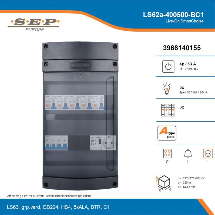 SEP Live-On SmartChoise, LS62a-400500-BC1, 63A, 3-fase groepenkast, 5-lichtgroepen, 1-beltrafo,  1V-contactdoos, technische details