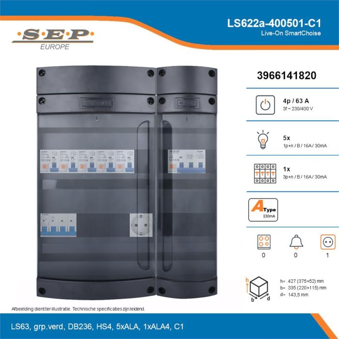 SEP Live-On SmartChoise, LS622a-400501-C1, 63A, 3-fase groepenkast, 5-lichtgroepen, 1-krachtgroepen,  1V-contactdoos, technische details