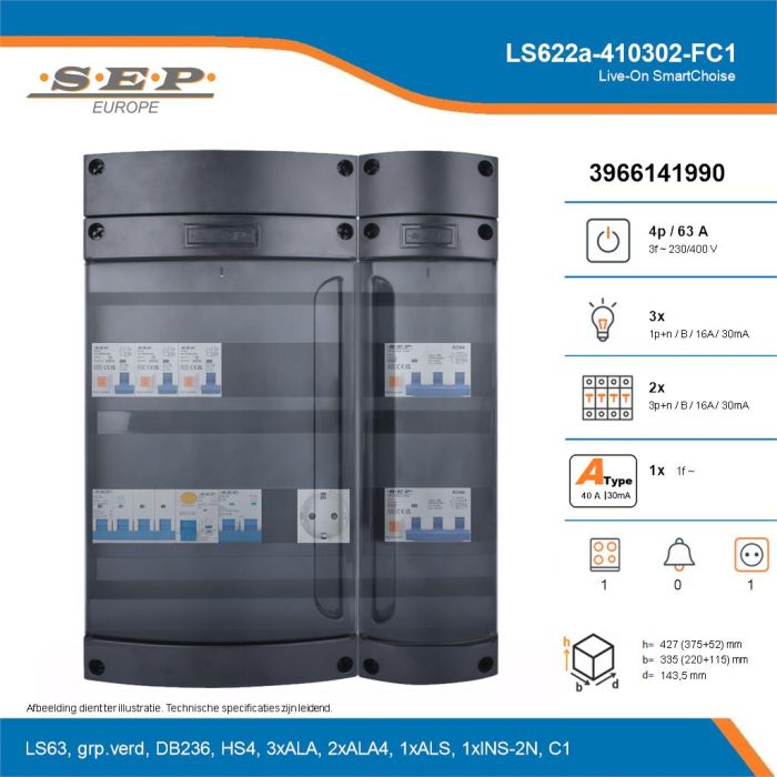SEP Live-On SmartChoise, LS622a-410302-FC1, 63A, 3-fase groepenkast, 3-lichtgroepen, 2-krachtgroepen, 1-fornuisgroep,  1V-contactdoos, technische details