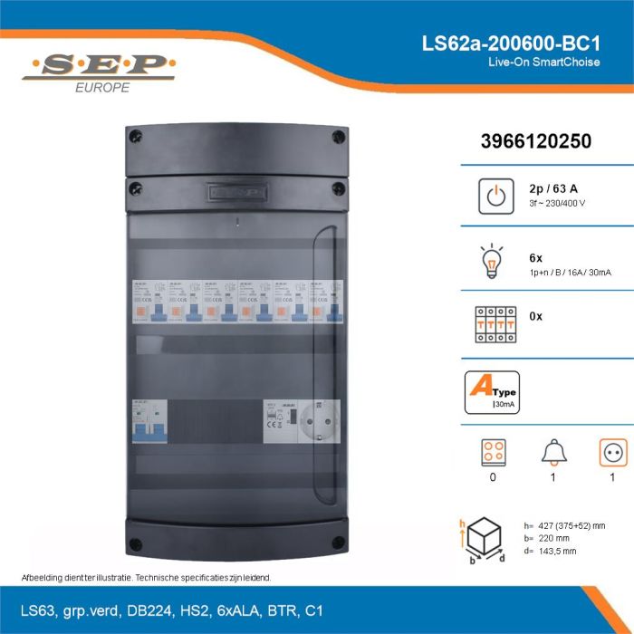 SEP Live-On SmartChoise, LS62a-200600-BC1, 63A, 3-fase groepenkast, 6-lichtgroepen, 1-beltrafo,  1V-contactdoos, technische details