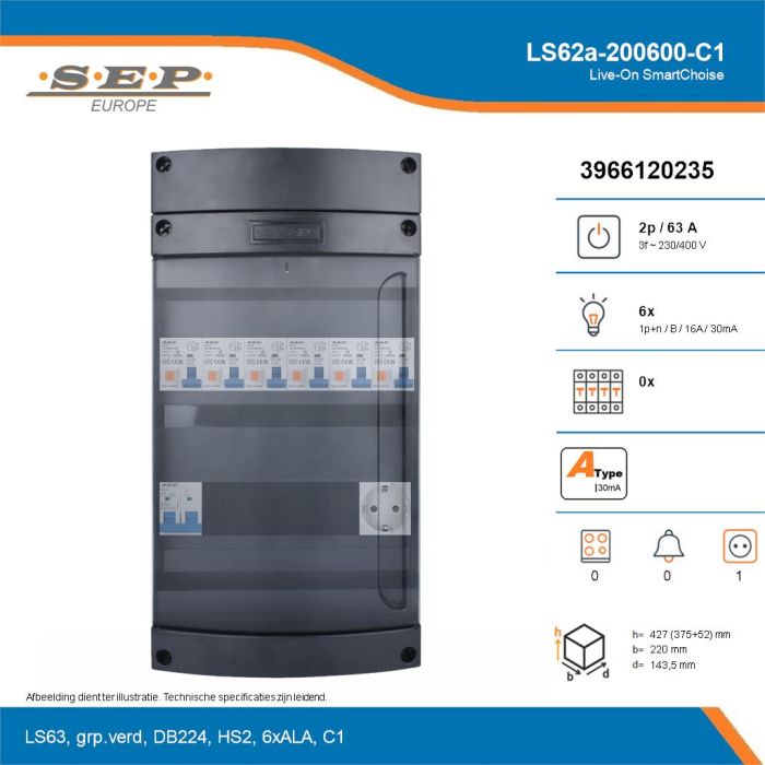 SEP Live-On SmartChoise, LS62a-200600-C1, 63A, 3-fase groepenkast, 6-lichtgroepen,  1V-contactdoos, technische details