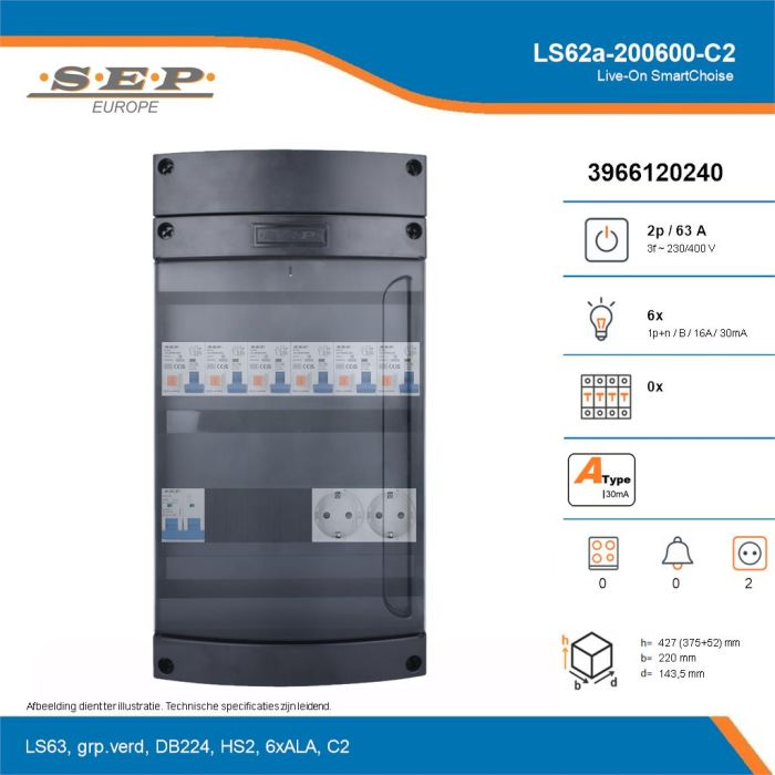 SEP Live-On SmartChoise, LS62a-200600-C2, 63A, 3-fase groepenkast, 6-lichtgroepen,  2V-contactdoos, technische details