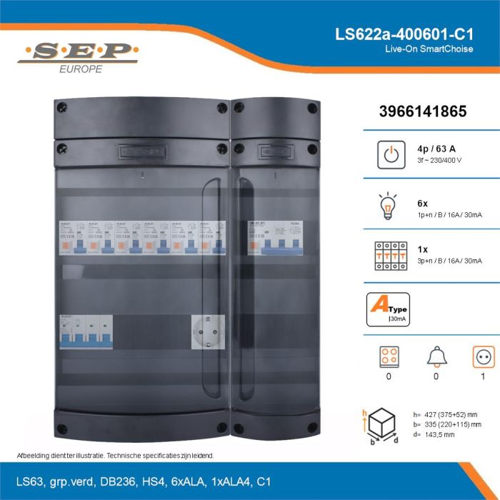 SEP Live-On SmartChoise, LS622a-400601-C1, 63A, 3-fase groepenkast, 6-lichtgroepen, 1-krachtgroepen,  1V-contactdoos, technische details