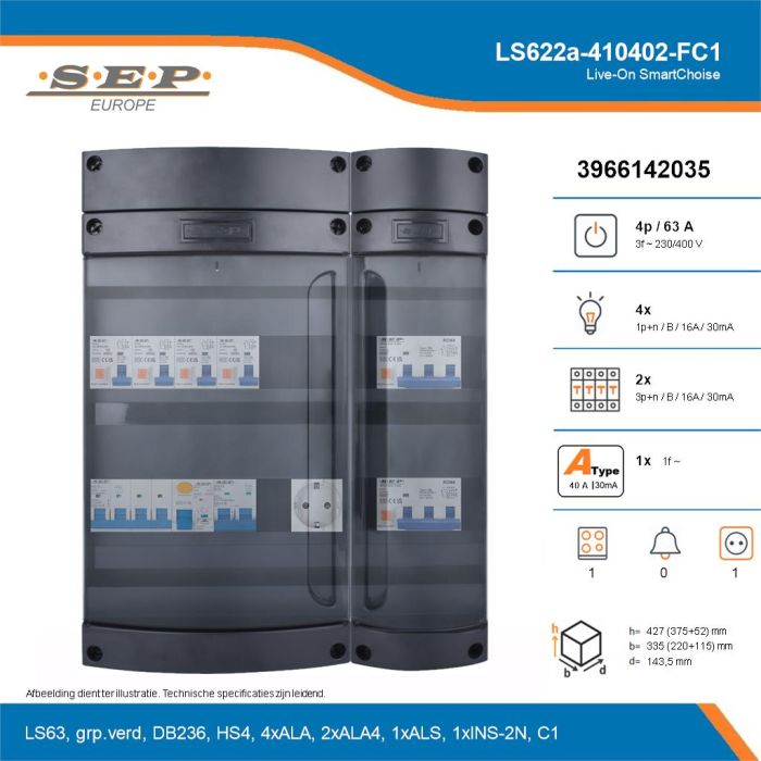 SEP Live-On SmartChoise, LS622a-410402-FC1, 63A, 3-fase groepenkast, 4-lichtgroepen, 2-krachtgroepen, 1-fornuisgroep,  1V-contactdoos, technische details