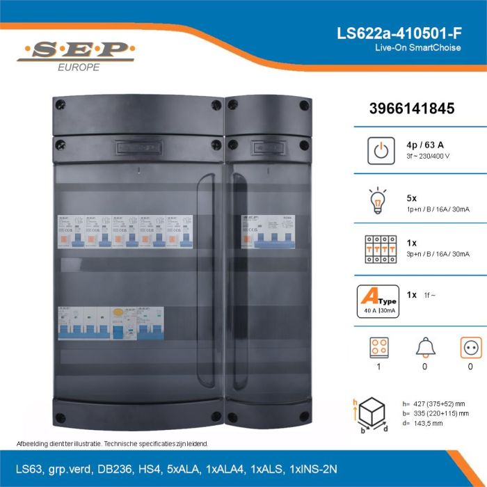 SEP Live-On SmartChoise, LS622a-410501-F, 63A, 3-fase groepenkast, 5-lichtgroepen, 1-krachtgroepen, 1-fornuisgroep, technische details