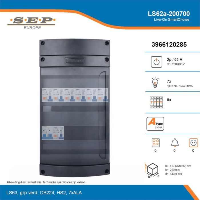 SEP Live-On SmartChoise, LS62a-200700, 63A, 3-fase groepenkast, 7-lichtgroepen, technische details