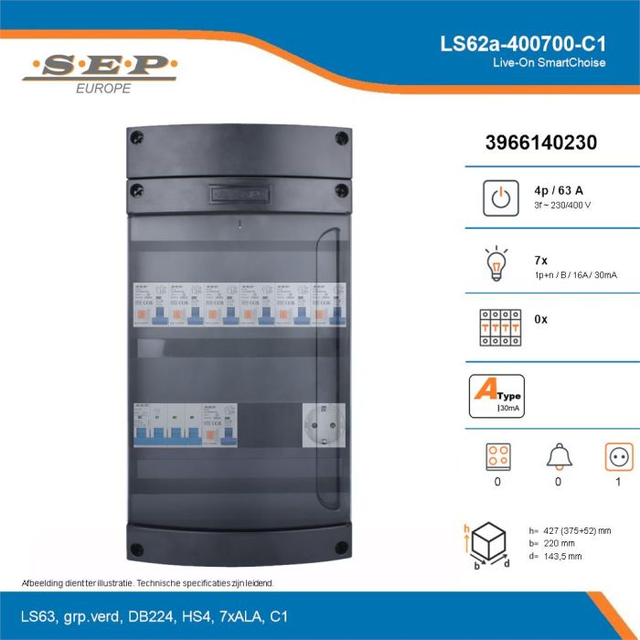 SEP Live-On SmartChoise, LS62a-400700-C1, 63A, 3-fase groepenkast, 7-lichtgroepen,  1V-contactdoos, technische details