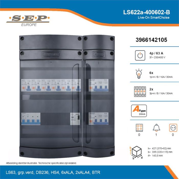 SEP Live-On SmartChoise, LS622a-400602-B, 63A, 3-fase groepenkast, 6-lichtgroepen, 2-krachtgroepen, 1-beltrafo, technische details