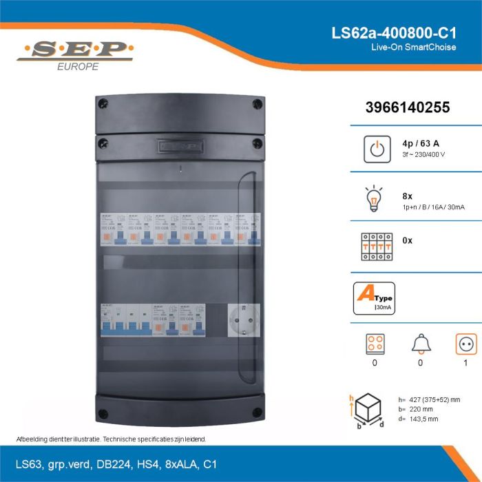 SEP Live-On SmartChoise, LS62a-400800-C1, 63A, 3-fase groepenkast, 8-lichtgroepen,  1V-contactdoos, technische details