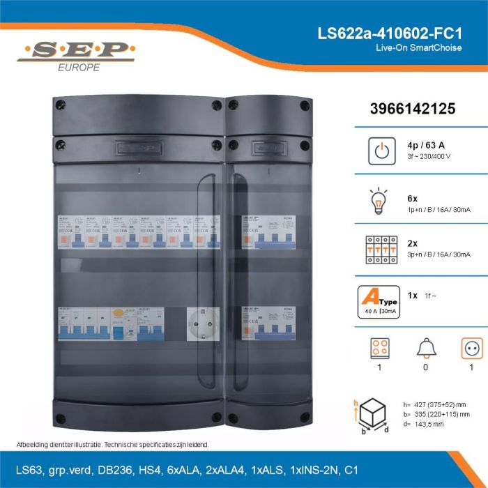 SEP Live-On SmartChoise, LS622a-410602-FC1, 63A, 3-fase groepenkast, 6-lichtgroepen, 2-krachtgroepen, 1-fornuisgroep,  1V-contactdoos, technische details